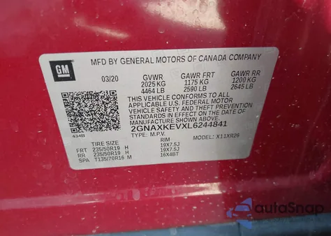 2020 Chevrolet Equinox Fwd Lt 1.5L Turbo z USA, uszkodzony, nr VIN 2GNAXKEVXL6244841